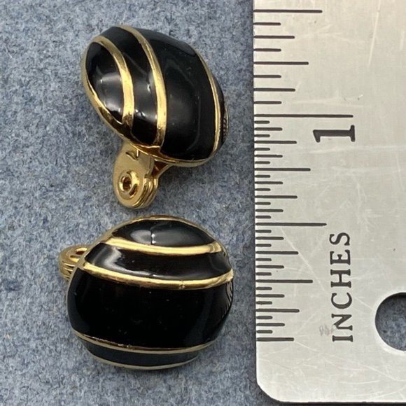 Monet Clip On Earrings Black Enamel Gold Stripe Round Domed Retro Vintage Granny - Picture 7 of 7